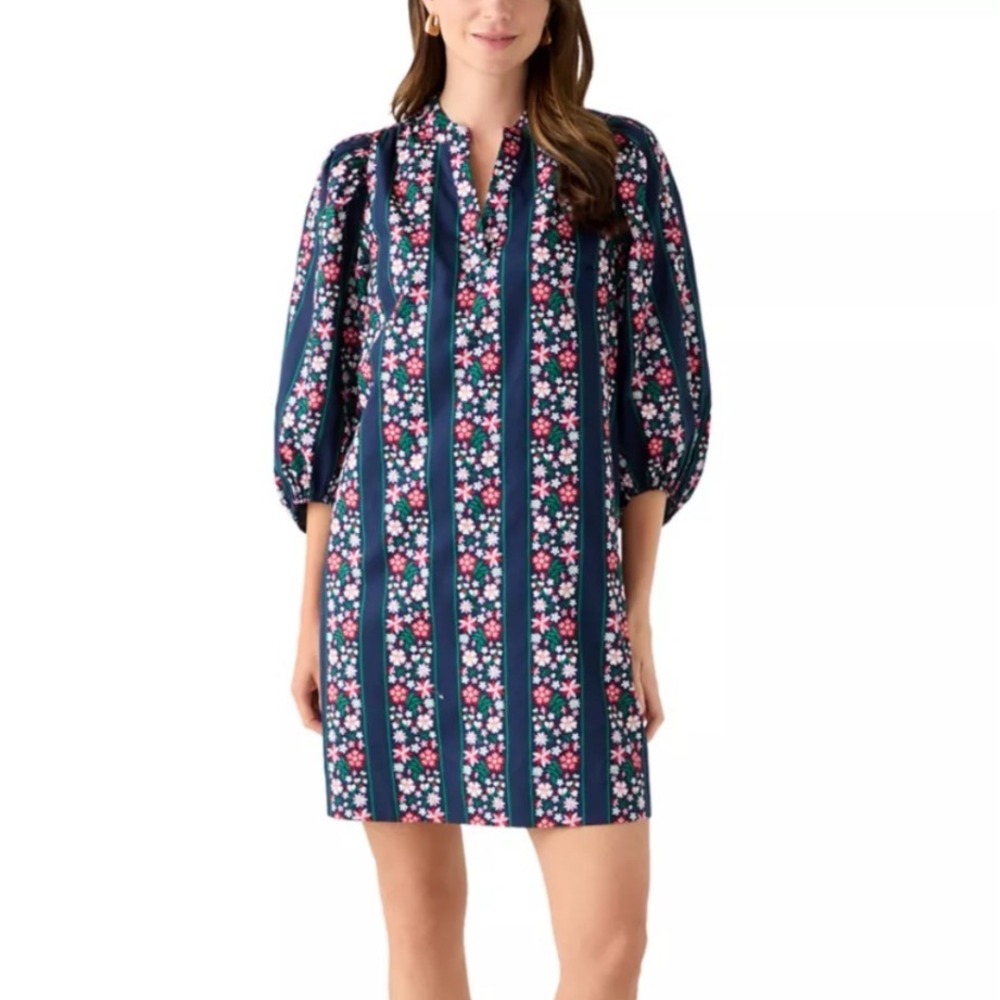 Crown & Ivy | Women's Navy Blue Floral Striped Cotton Balloon Sleeve Dress, M